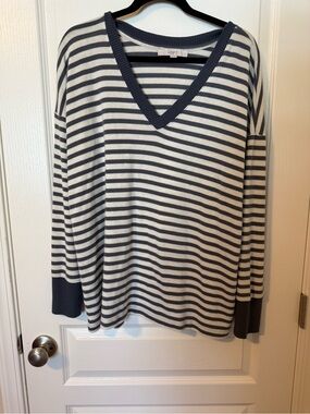 LOFT Grey and White Striped Crewneck Sweater
